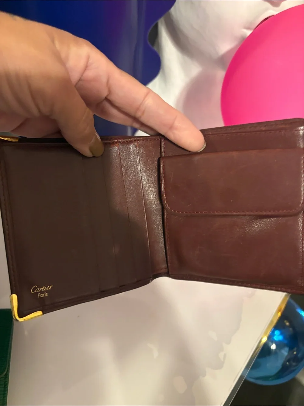 Authentic Cartier Men's Brown Leather Wallet with Gold Corner Accents